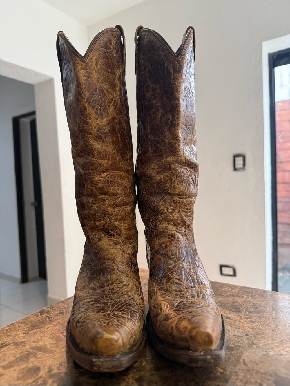Lucchese Brown Embossed Leather Women's Heeled Boots